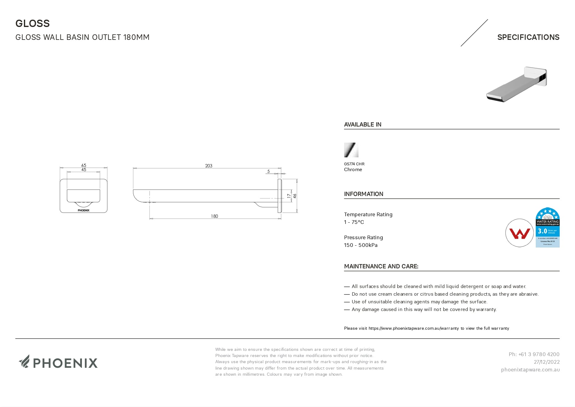 PHOENIX GLOSS WALL BASIN OUTLET 180MM CHROME