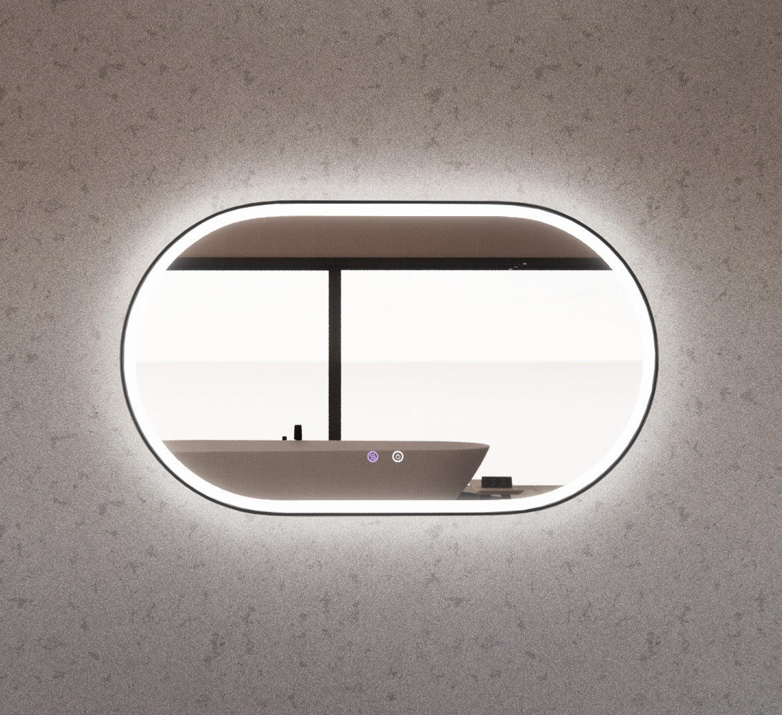 RIVA O1 FRAMED OVAL LED MIRROR 3 COLOUR LIGHTS BLACK 1200X700MM