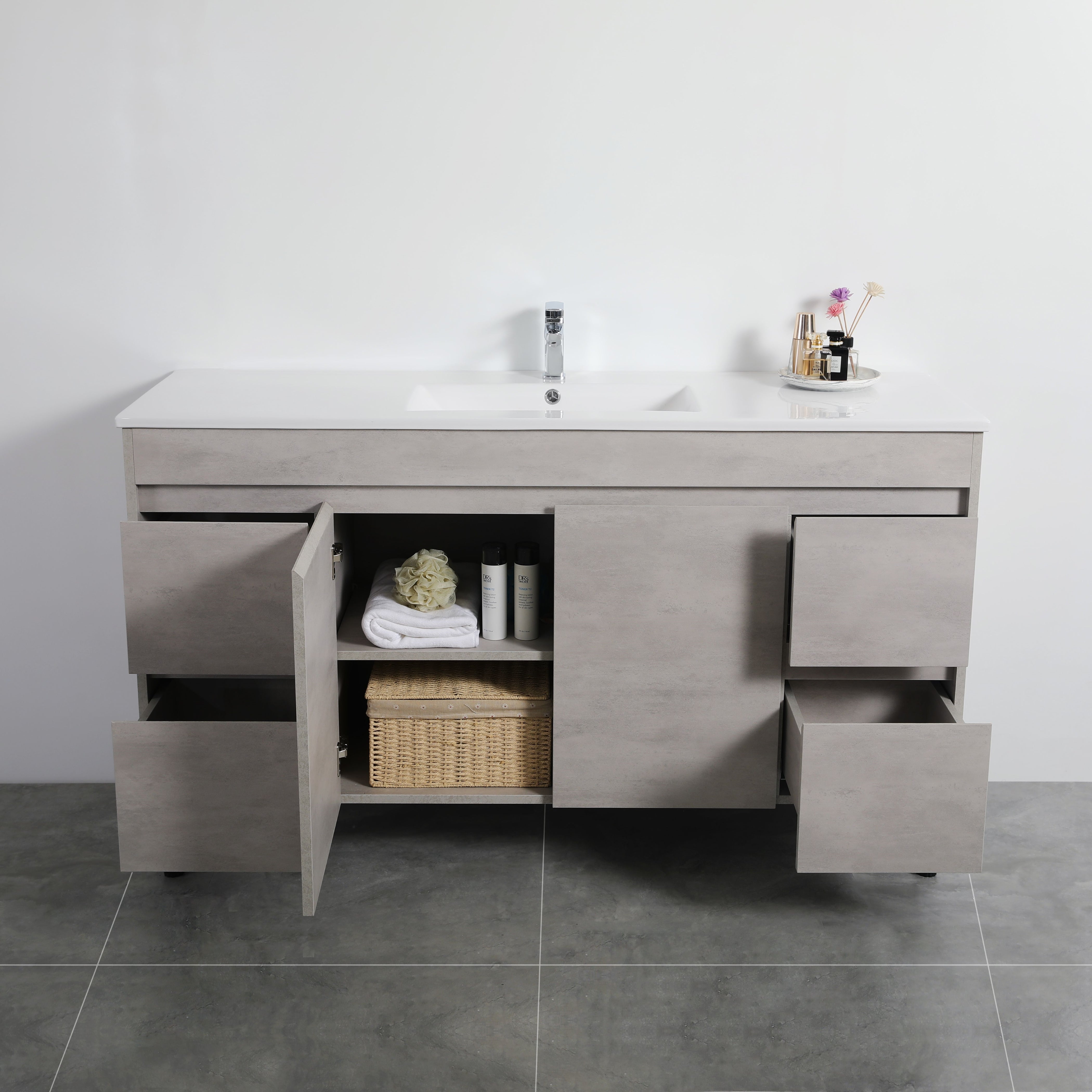 POSEIDON NOVA PLYWOOD CONCRETE GREY 1500MM SINGLE BOWL FLOOR STANDING VANITY