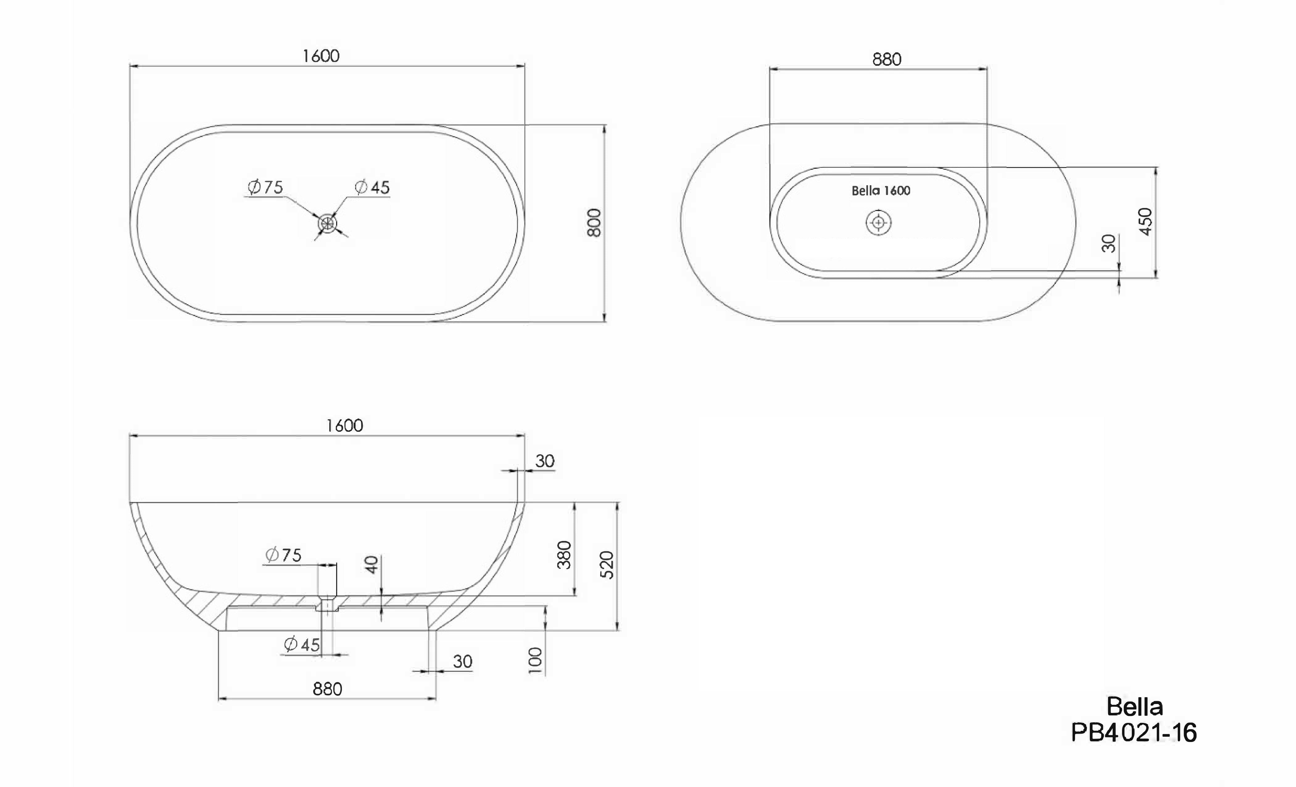 PIETRA BIANCA BELLA MODERN FREESTANDING STONE BATHTUB WITH CUSTOM COLOURS (AVAILABLE IN 1500MM, 1600MM, 1700MM AND 1800MM)