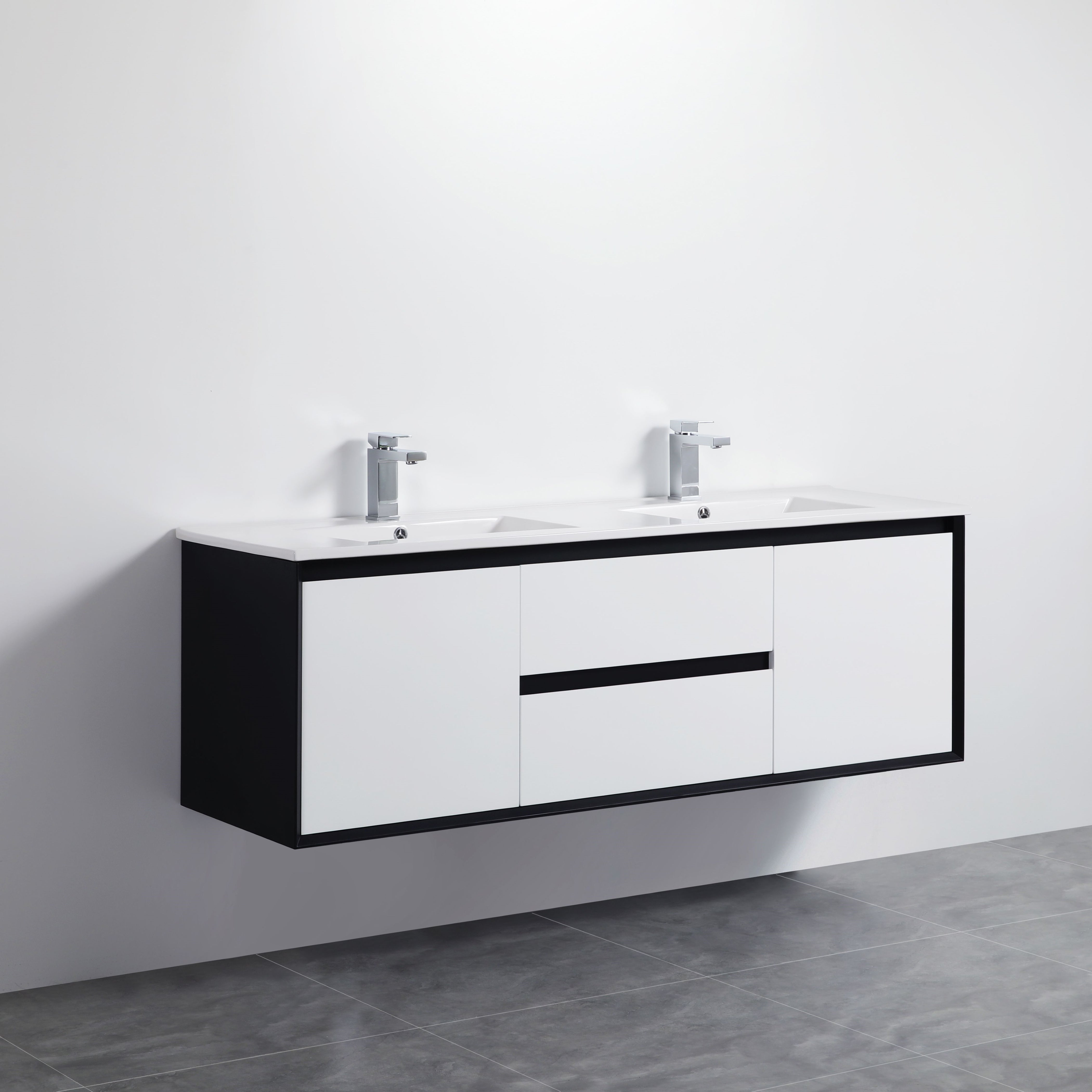 POSEIDON PETRA MATTE WHITE AND MATTE BLACK 1200MM DOUBLE BOWL WALL HUNG VANITY