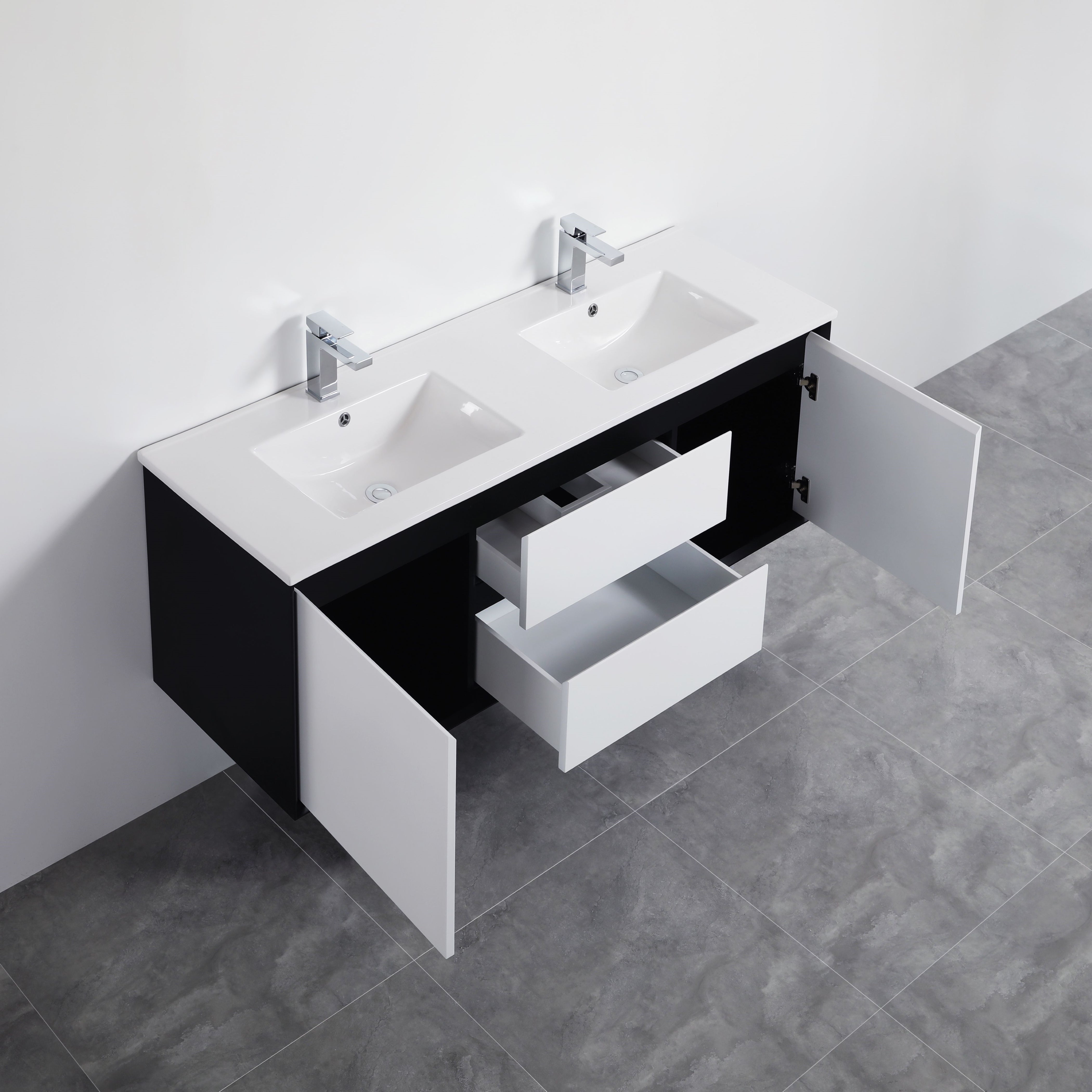 POSEIDON PETRA MATTE WHITE AND MATTE BLACK 1200MM DOUBLE BOWL WALL HUNG VANITY