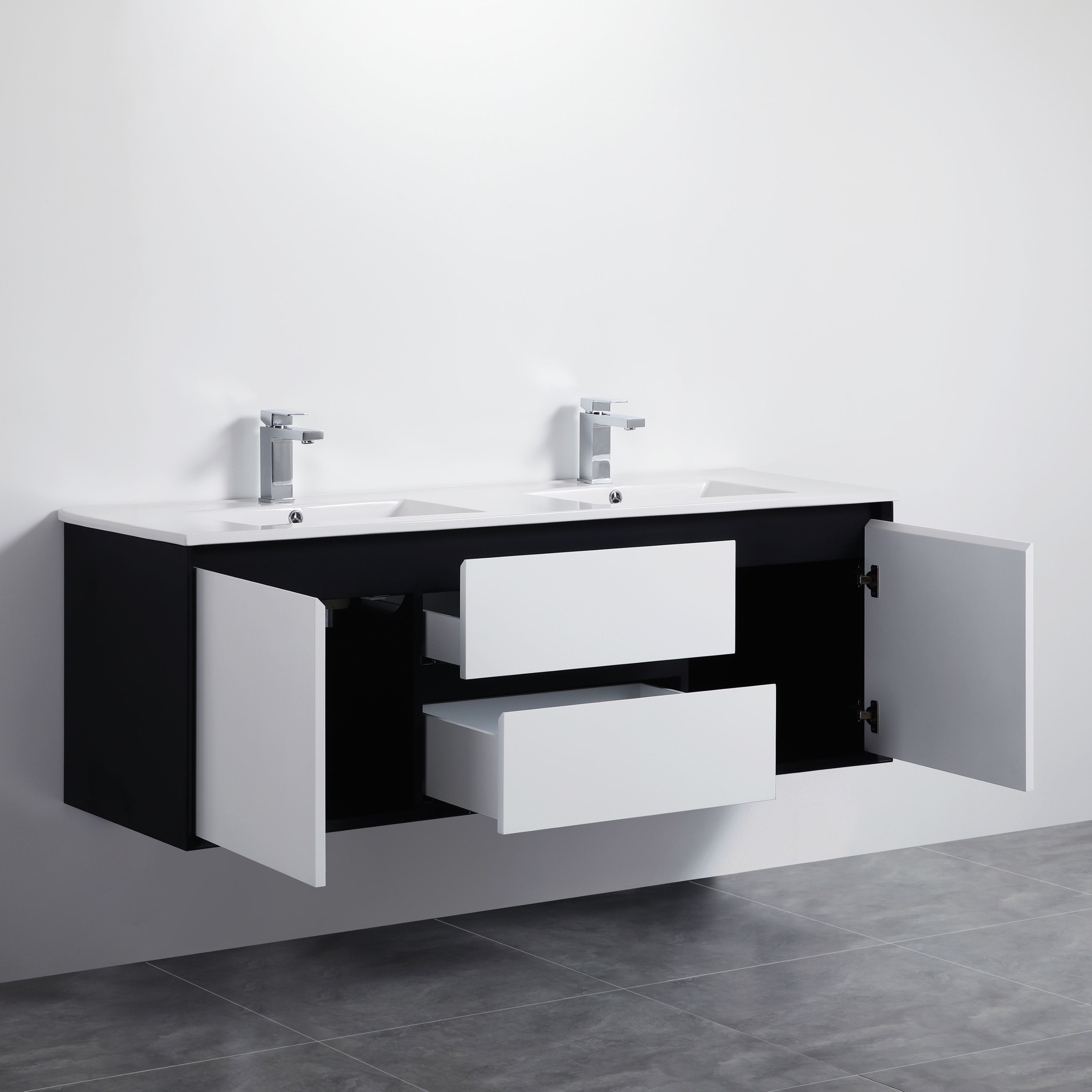 POSEIDON PETRA MATTE WHITE AND MATTE BLACK 1200MM DOUBLE BOWL WALL HUNG VANITY