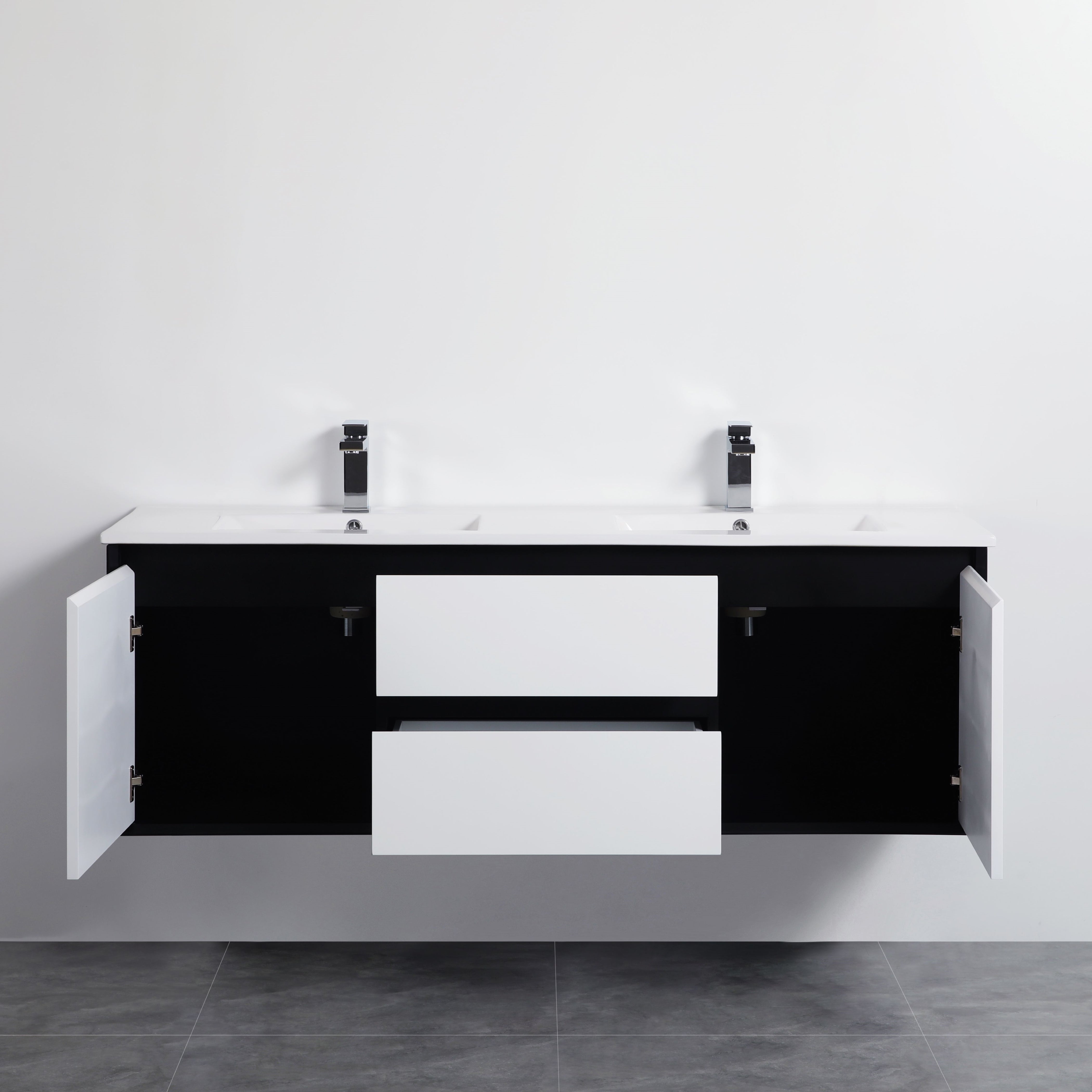 POSEIDON PETRA MATTE WHITE AND MATTE BLACK 1200MM DOUBLE BOWL WALL HUNG VANITY