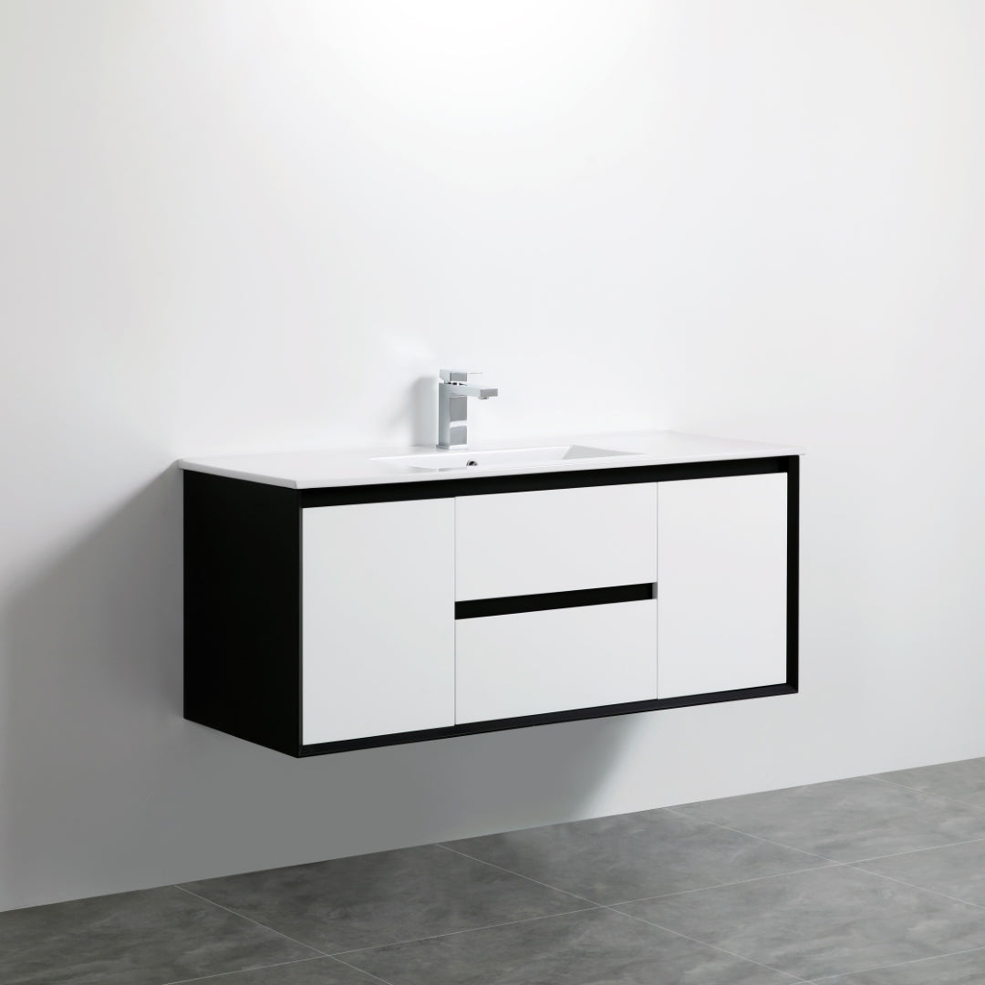 POSEIDON PETRA MATTE WHITE AND MATTE BLACK 1200MM SINGLE BOWL WALL HUNG VANITY