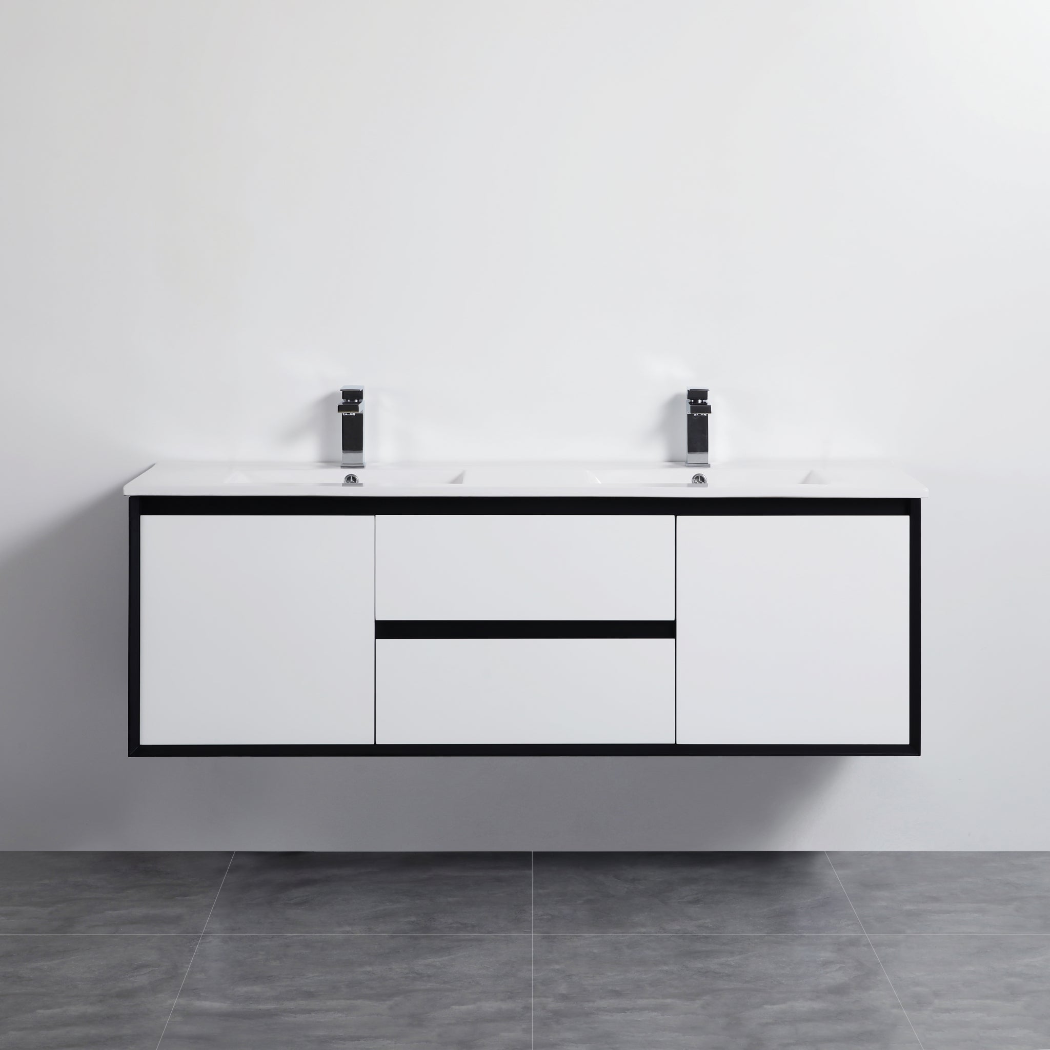 POSEIDON PETRA MATTE WHITE AND MATTE BLACK 1200MM DOUBLE BOWL WALL HUNG VANITY