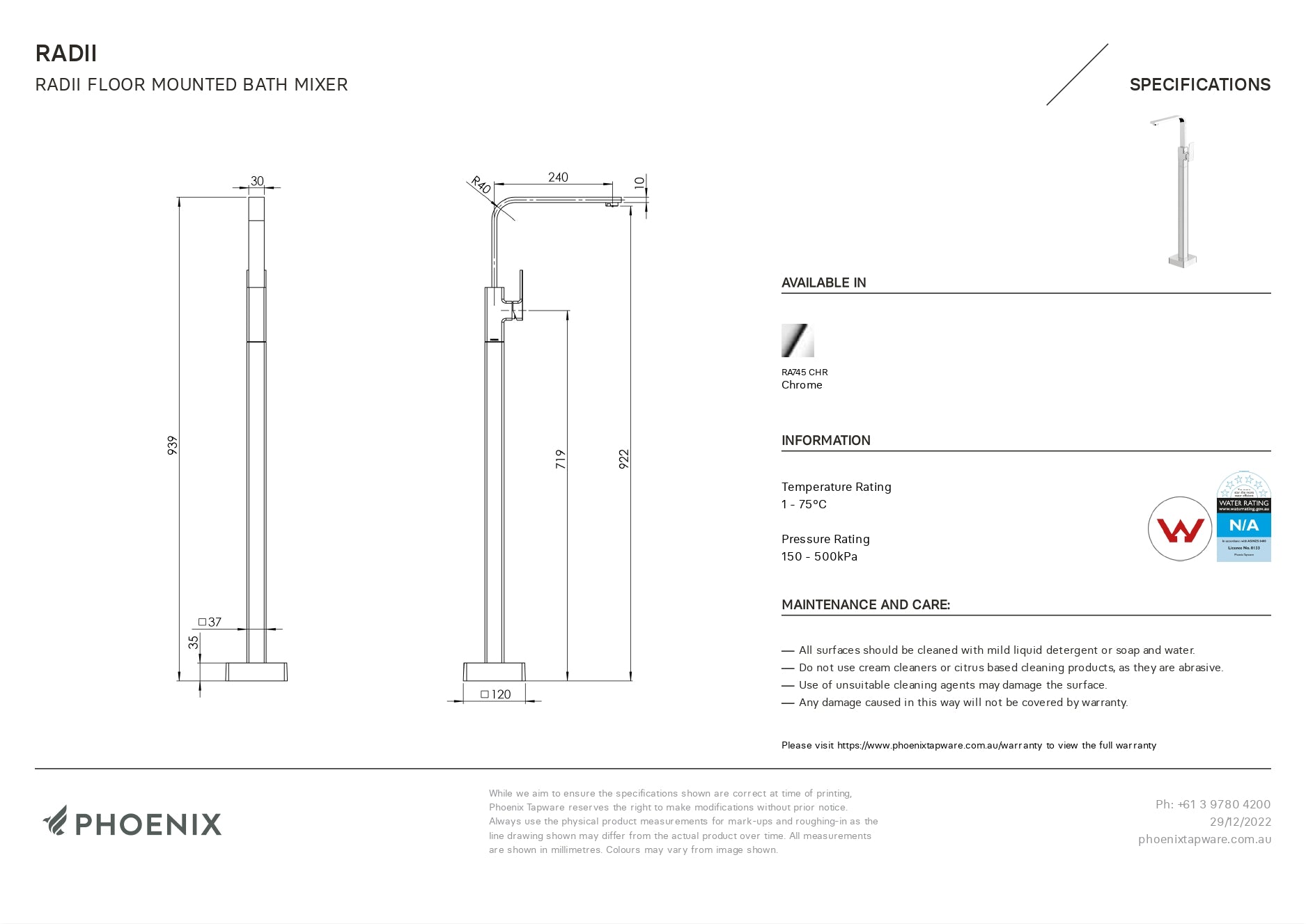 PHOENIX RADII FLOOR MOUNTED BATH MIXER 939MM CHROME