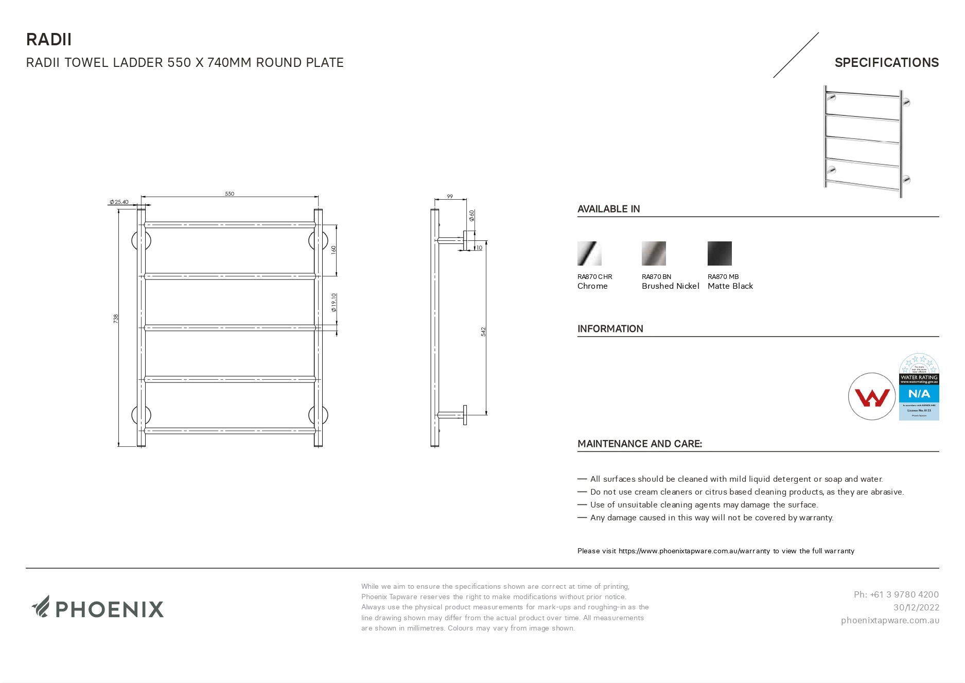 PHOENIX RADII NON-HEATED TOWEL LADDER ROUND PLATE CHROME 550MM X 740MM