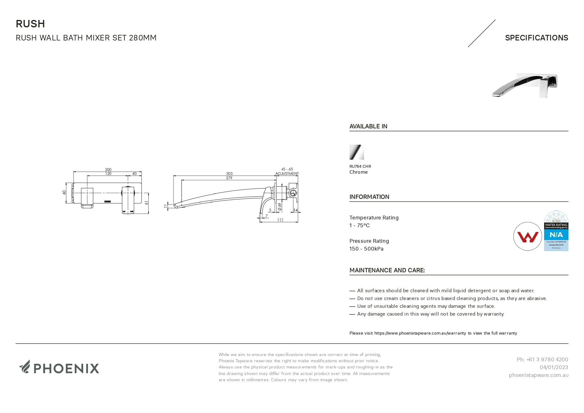 PHOENIX RUSH WALL BATH MIXER SET 280MM CHROME