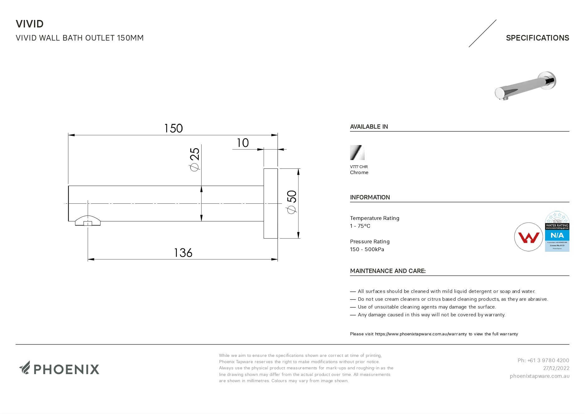 PHOENIX VIVID WALL BATH OUTLET 150MM CHROME