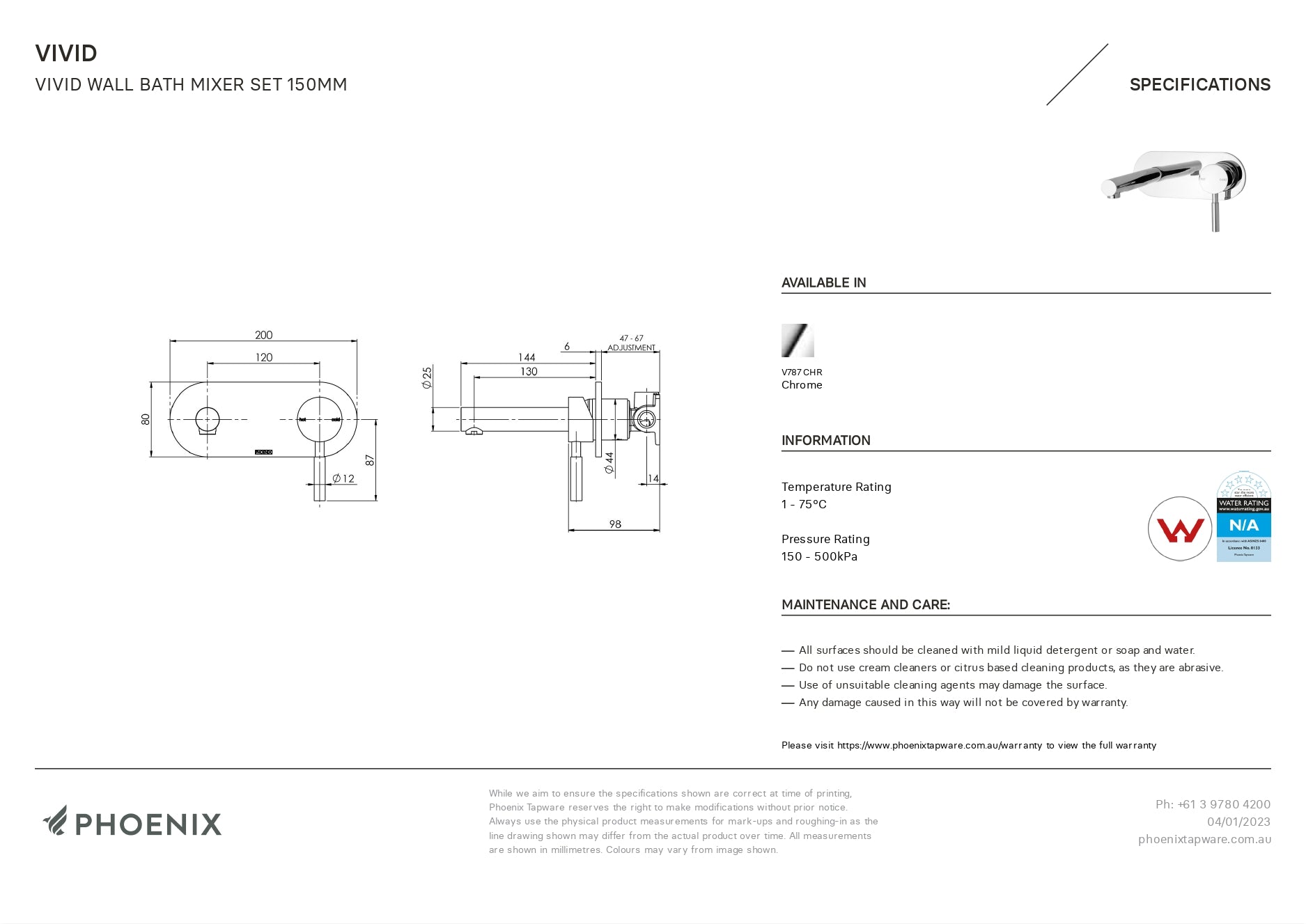 PHOENIX VIVID WALL BATH MIXER SET 150MM CHROME