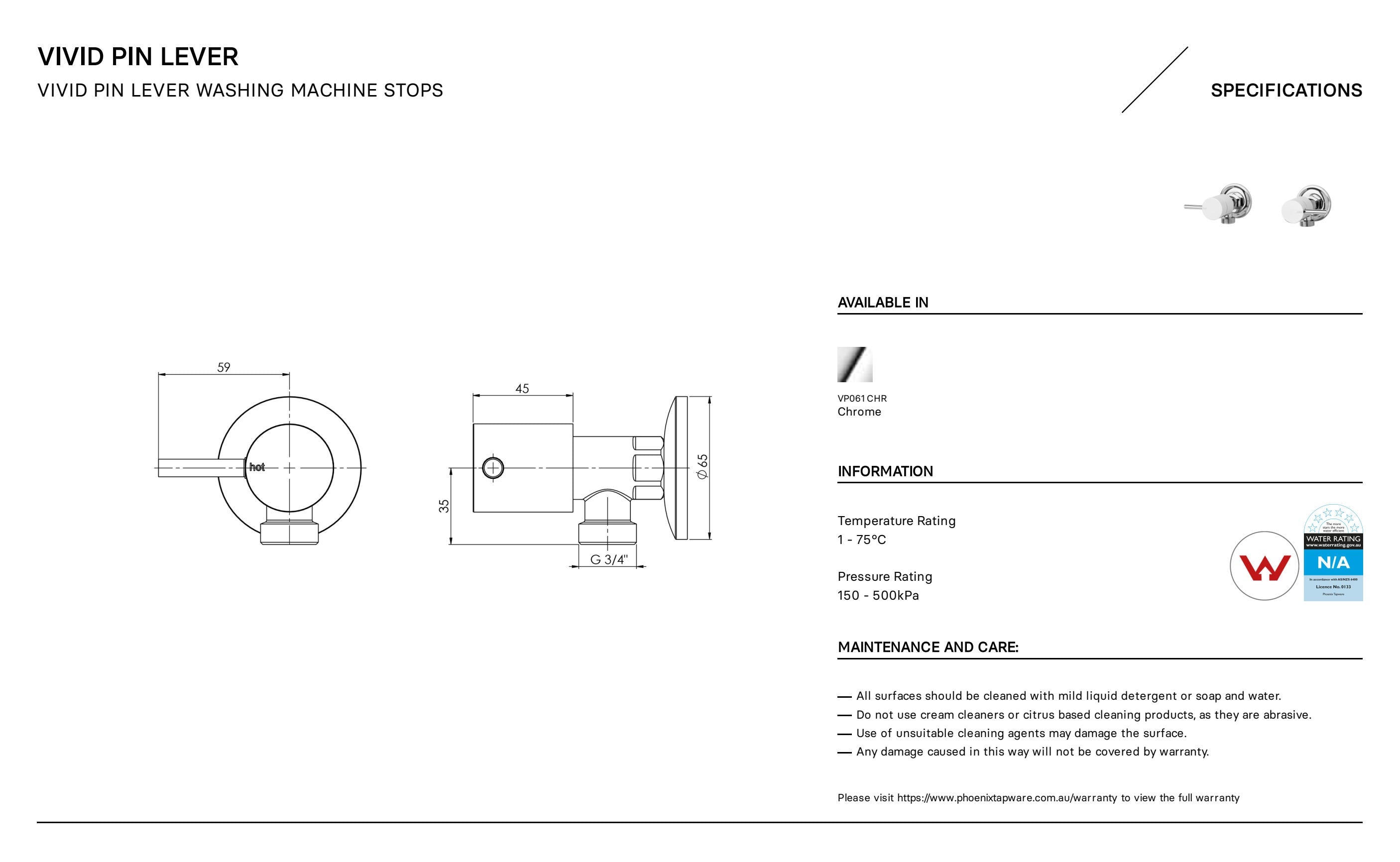 PHOENIX VIVID PIN LEVER WASHING MACHINE STOPS CHROME