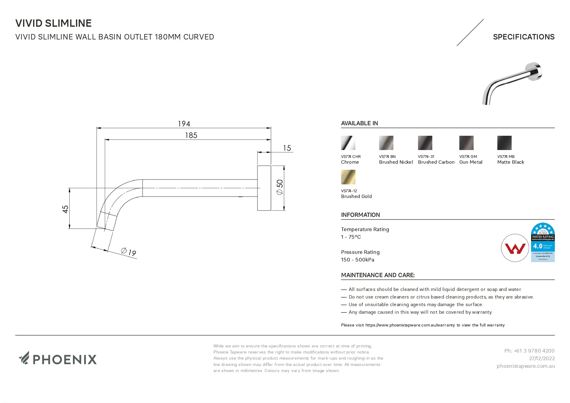 PHOENIX VIVID SLIMLINE WALL BASIN OUTLET 180MM BRUSHED GOLD