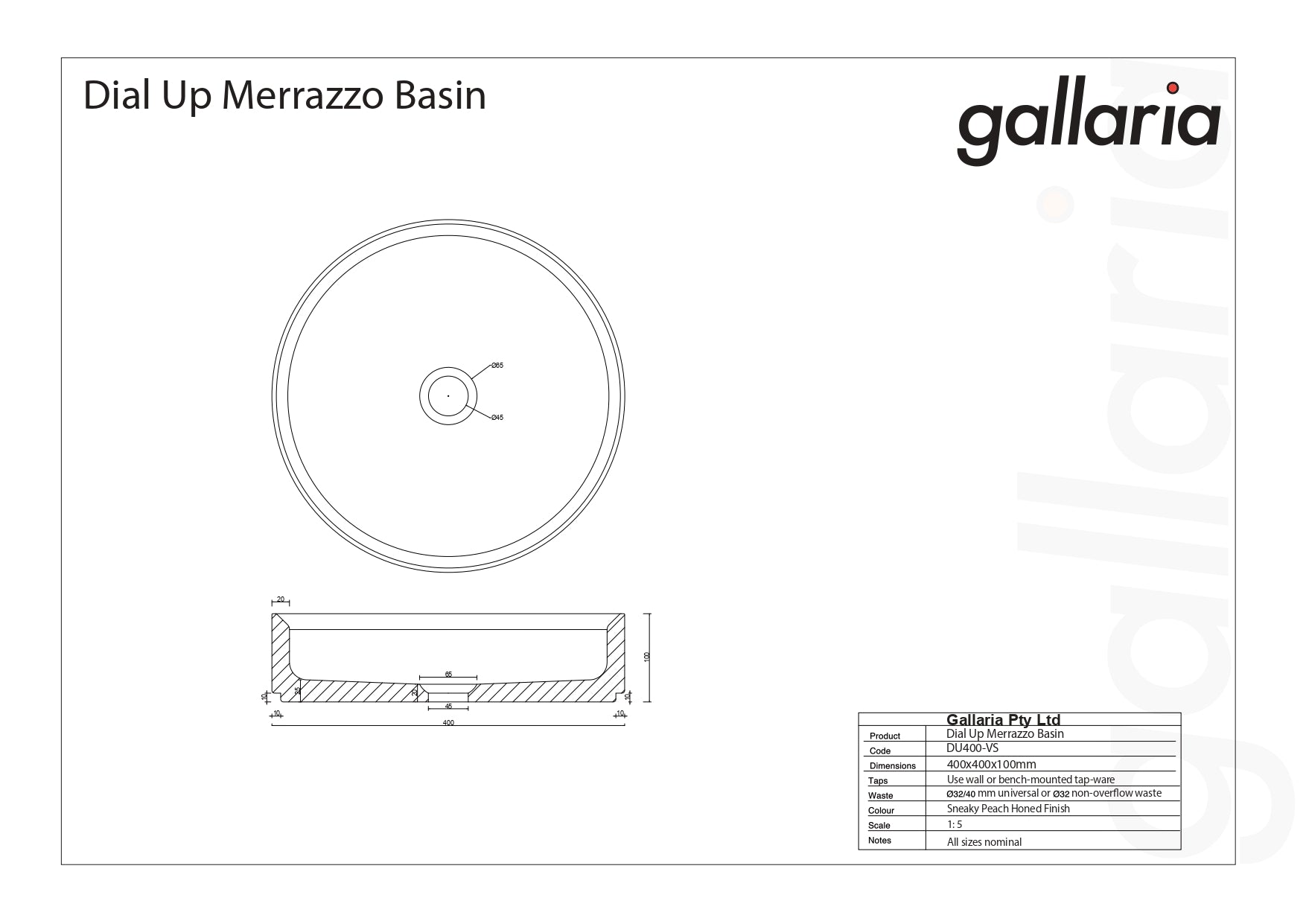 GALLARIA DIAL UP MERRAZZO ROUND ABOVE COUNTER STONE BASIN SNEAKY PEACH 400MM